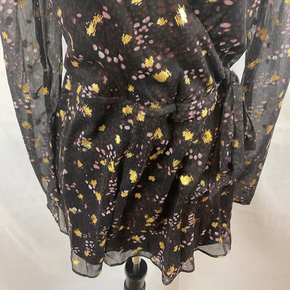 Sage The Label Mini Dress S Black Gold Purple Print Crossover Neck - Picture 4 of 10